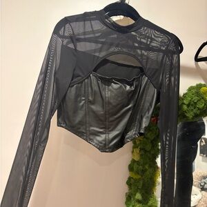 Black leather&  Mesh Long Sleeve Crop Top